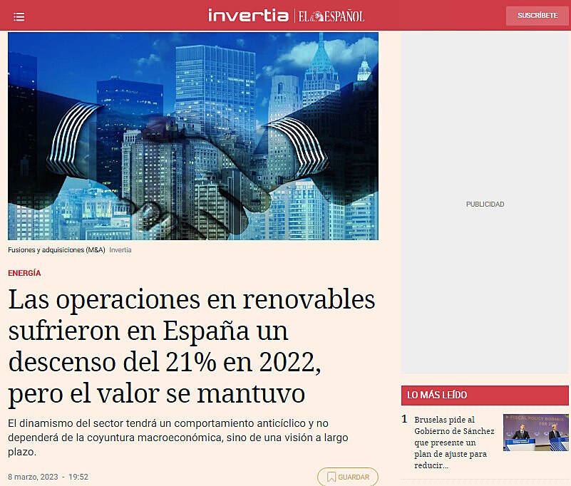 Las operaciones en renovables sufrieron en Espaa un descenso del 21% en 2022, pero el valor se mantuvo